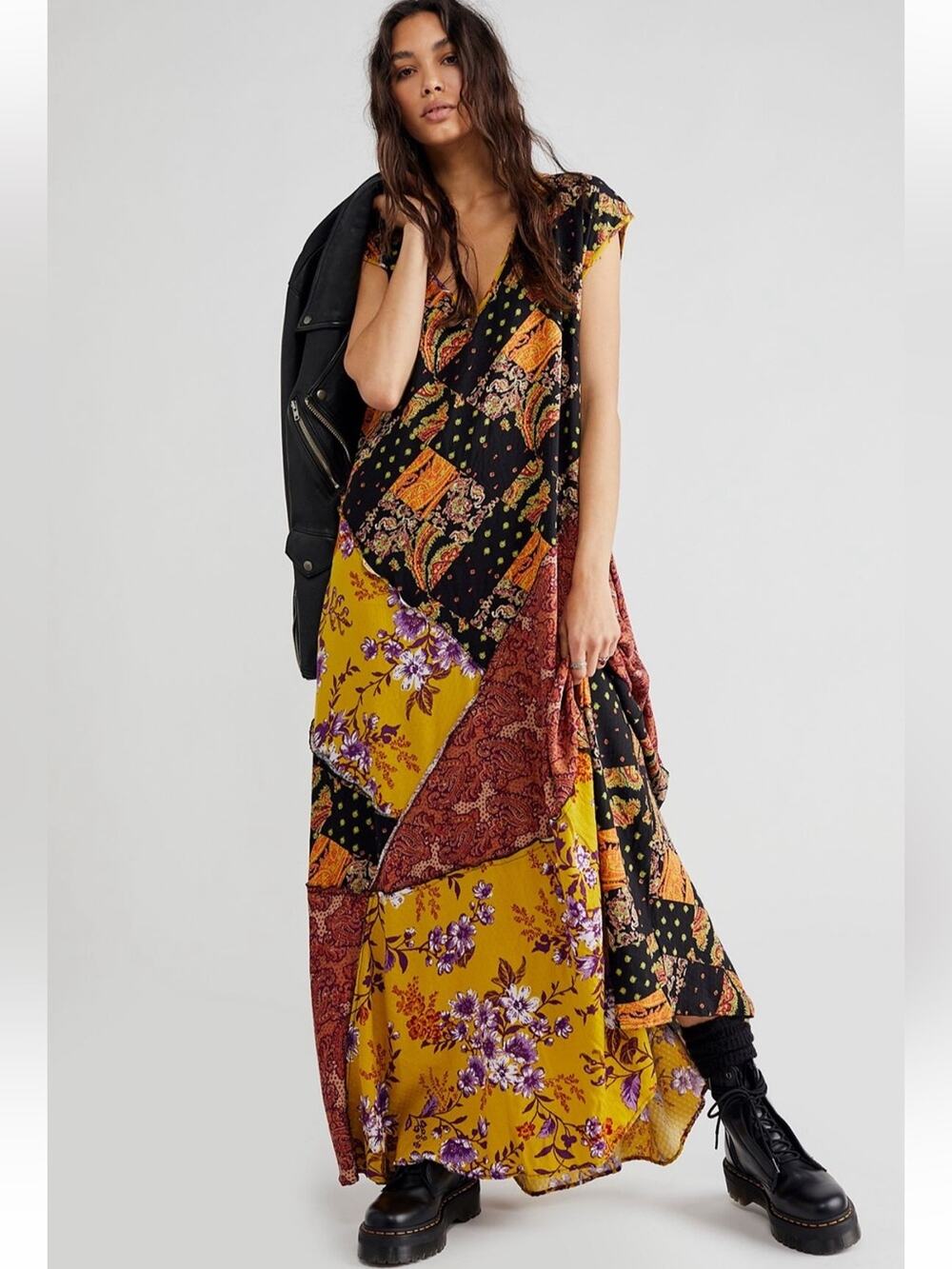 Free People Desert Flower Patched Maxi Dress XS Brown Black Combo
